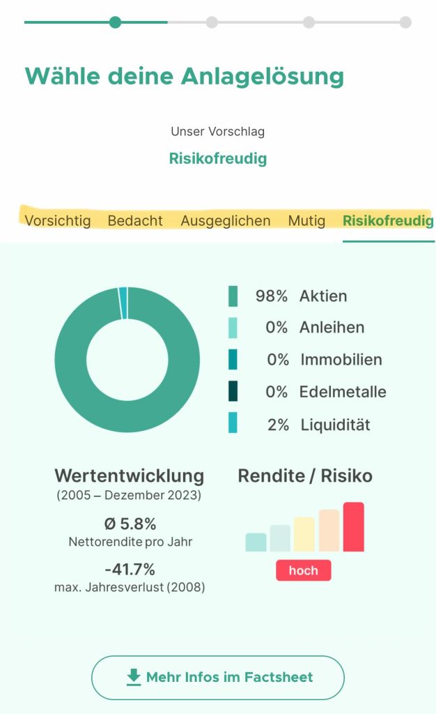 Miss Finance Wiki - Blogartikel - Meine Erfahrung mit Findependent - Screenshot aus der App, zu sehen ist die Auswahl der Anlagelösung