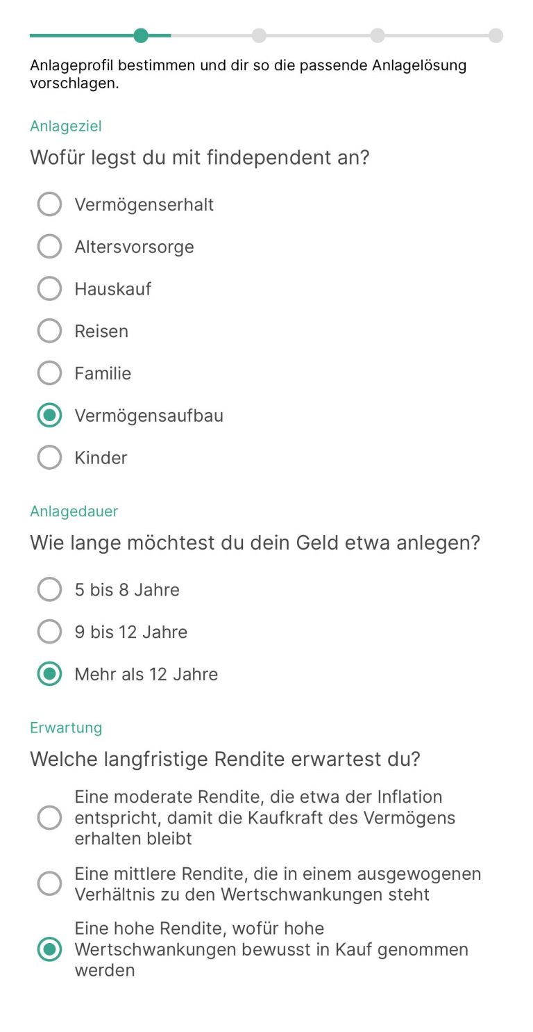Miss Finance Wiki - Blogartikel - Meine Erfahrung mit Findependent - Screenshot aus der App, zu sehen ist die Eingabe der perönlichen Angabeb wie Anlageziel